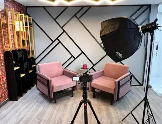 Podcast Studio at Mount Road, Chennai with lights and camera.